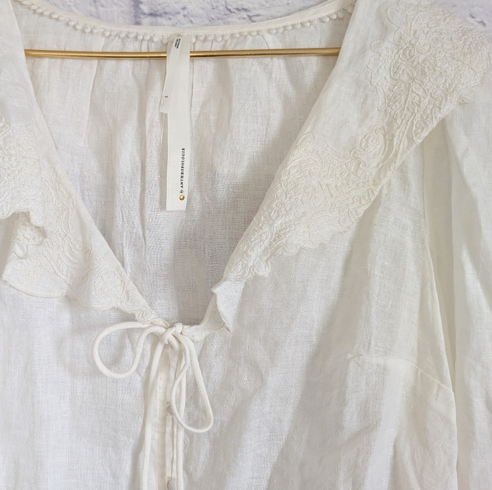 Anthropologie Long Sleeve Embroidered Linen Tie-Front Top L White Bohemian 70s - Picture 4 of 8